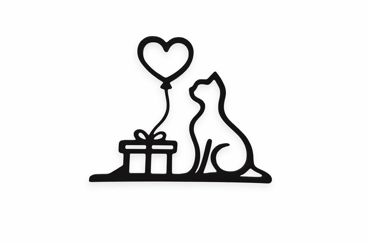 3D Printed Cat with Heart Balloon Sculpture | Minimalist Romantic Cat Art