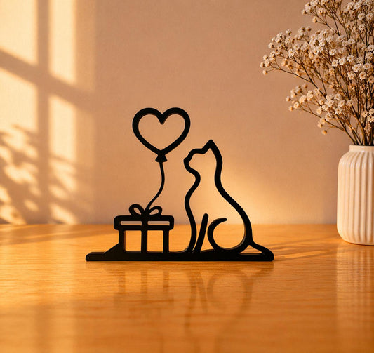 3D Printed Cat with Heart Balloon Sculpture | Minimalist Romantic Cat Art