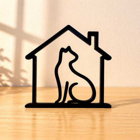 3D Printed Cat in House Sculpture | Minimalist Cat Lover Decor, Cozy Home Art