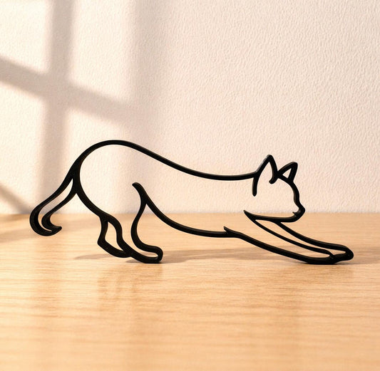 Stretching Cat Sculpture | Minimalist 3D Printed Cat Art | Black PLA Decor