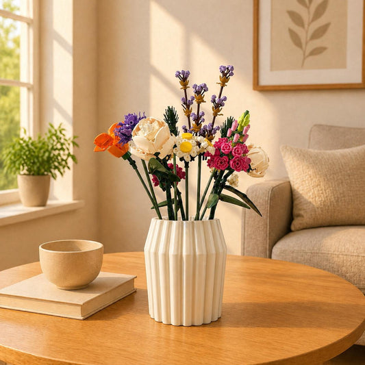 May include: A white, ribbed vase filled with a colorful bouquet of flowers, including orange, purple, pink, and white blooms. The vase sits on a round wooden table, with a book and a small bowl nearby. A window and a couch are in the background.