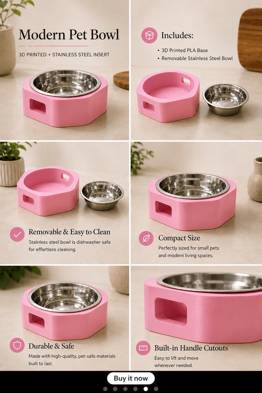 3D Printed Pet Bowl with Stand | Minimalist Dog Cat Food Dish, Elevated PLA Feeder