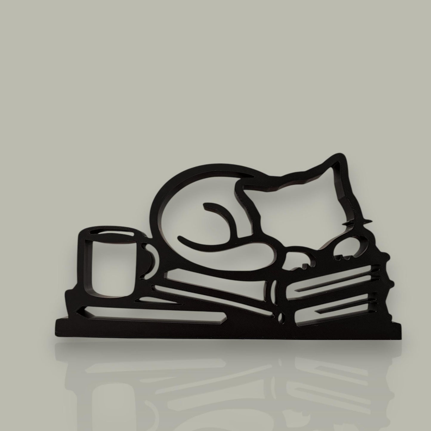 3D Printed Reading Cat Sculpture | Minimalist Book Lover Decor, Coffee Lover Gift