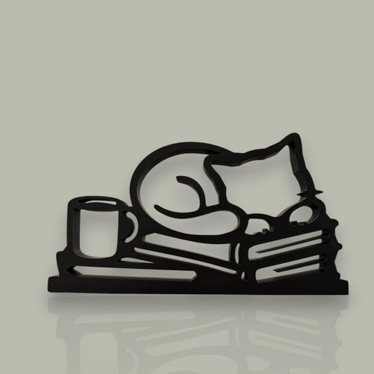 3D Printed Reading Cat Sculpture | Minimalist Book Lover Decor, Coffee Lover Gift