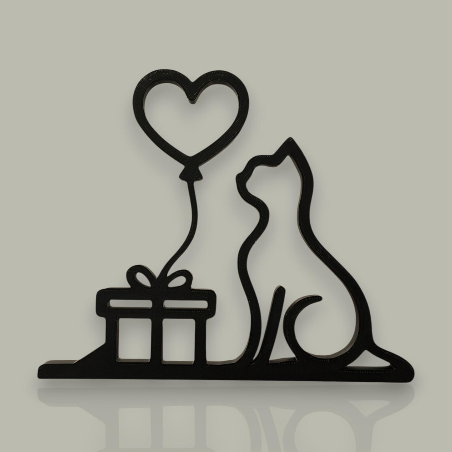 3D Printed Cat with Heart Balloon Sculpture | Minimalist Romantic Cat Art