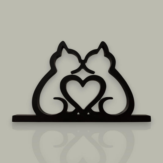 Minimalist Cat Couple Sculpture with Heart | 3D Printed Cat Art, Romantic Decor