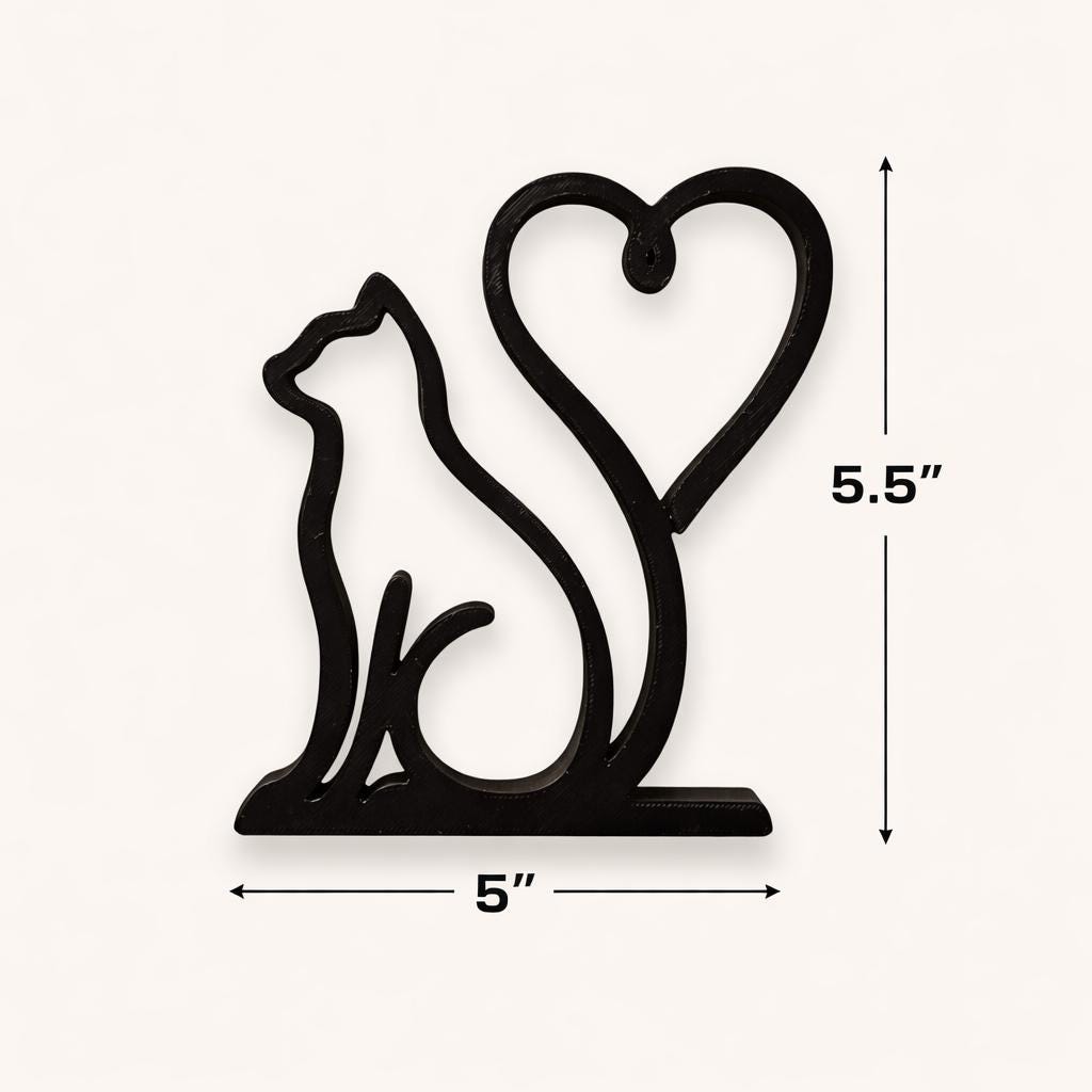 3D Printed Cat Heart Sculpture | Minimalist Love Decor, Cat Lover Gift