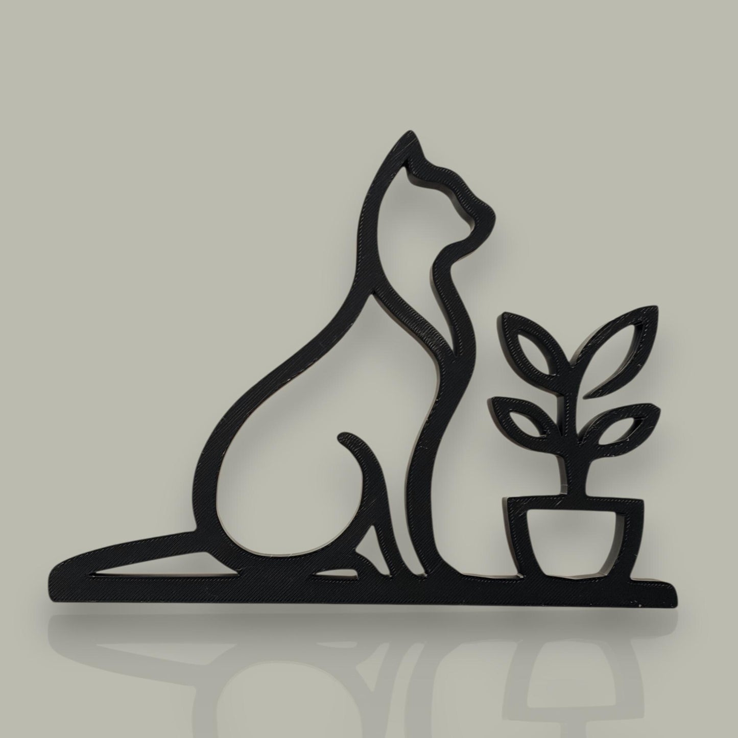 3D Printed Cat with Plant Sculpture | Minimalist Cat Art, Modern Home Decor