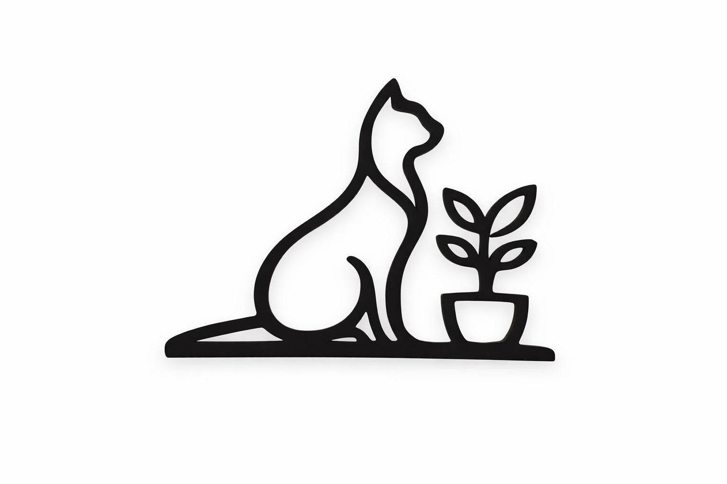3D Printed Cat with Plant Sculpture | Minimalist Cat Art, Modern Home Decor