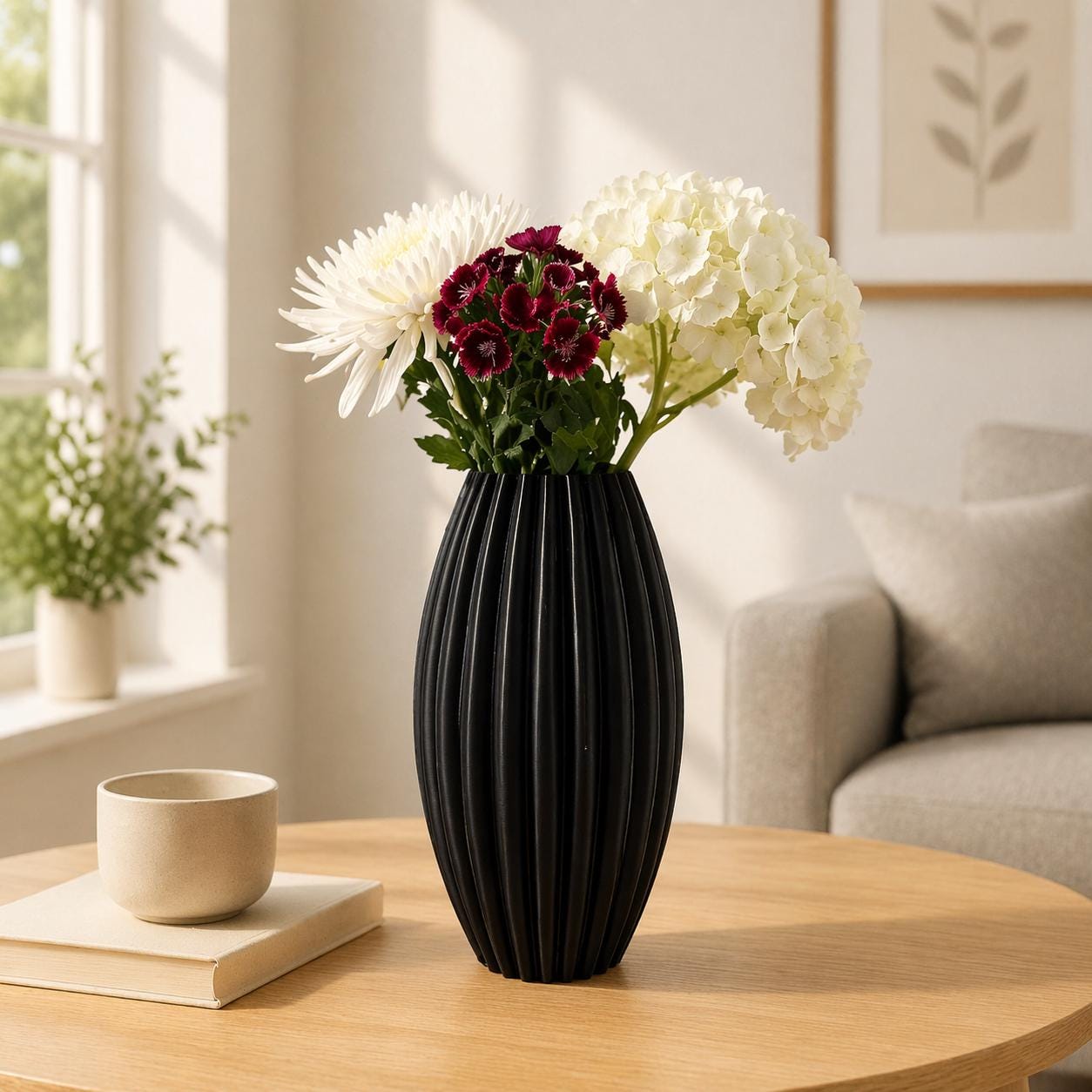 3D Printed Ribbed Black Vase | Modern Fluted Home Decor Flower Arrangement