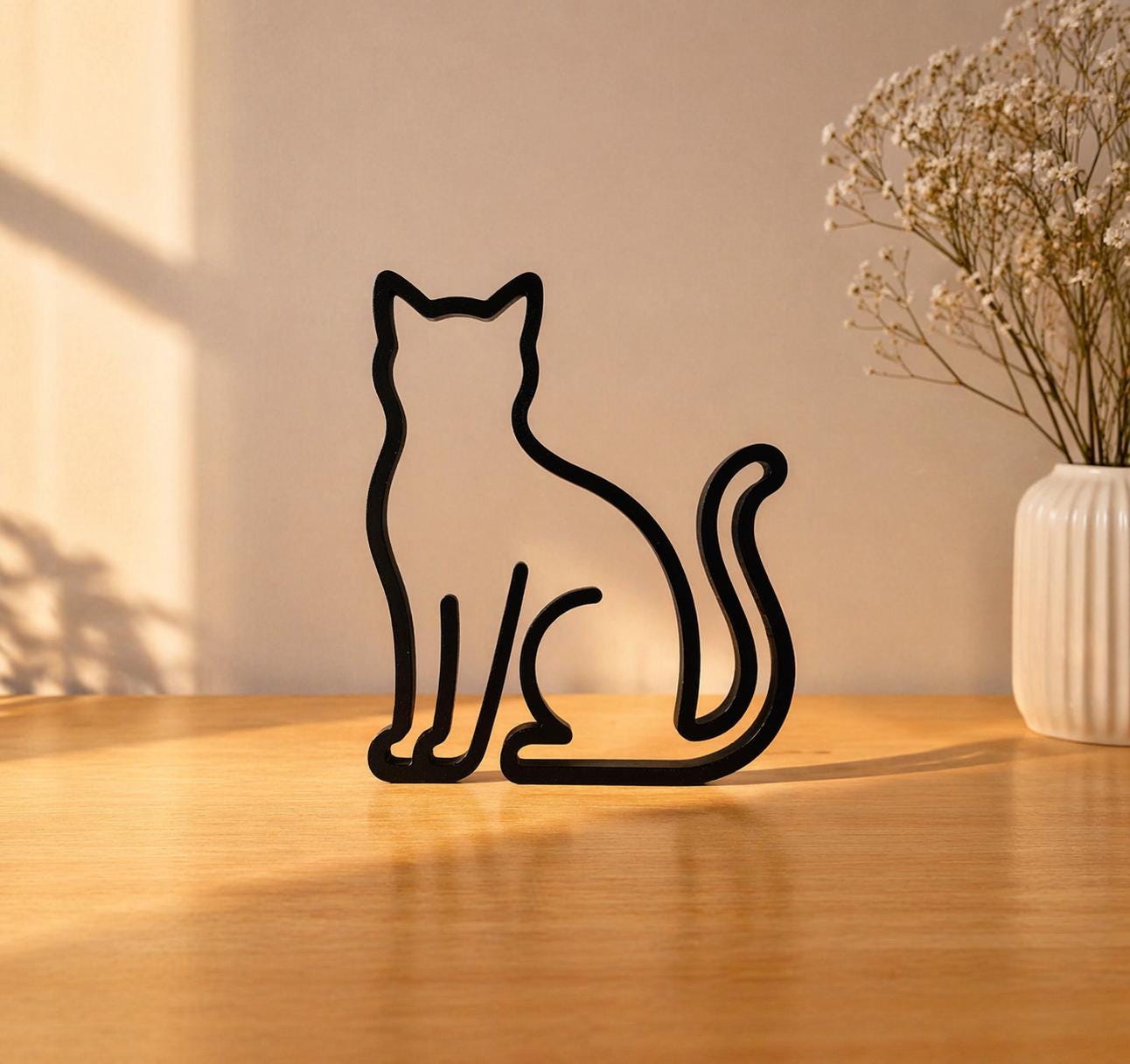 3D Printed Sitting Cat Sculpture | Minimalist Line Art Animal Decor