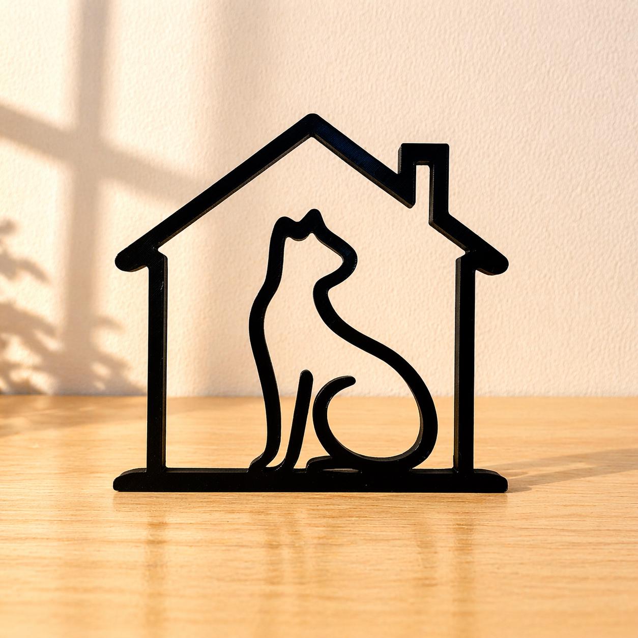 3D Printed Cat in House Sculpture | Minimalist Cat Lover Decor, Cozy Home Art