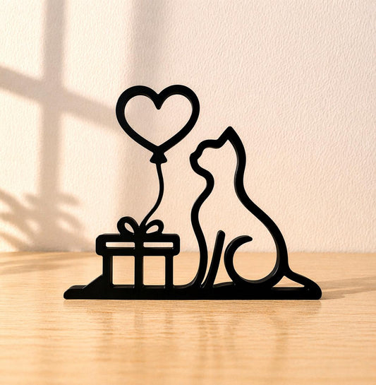 3D Printed Cat with Heart Balloon Sculpture | Minimalist Romantic Cat Art