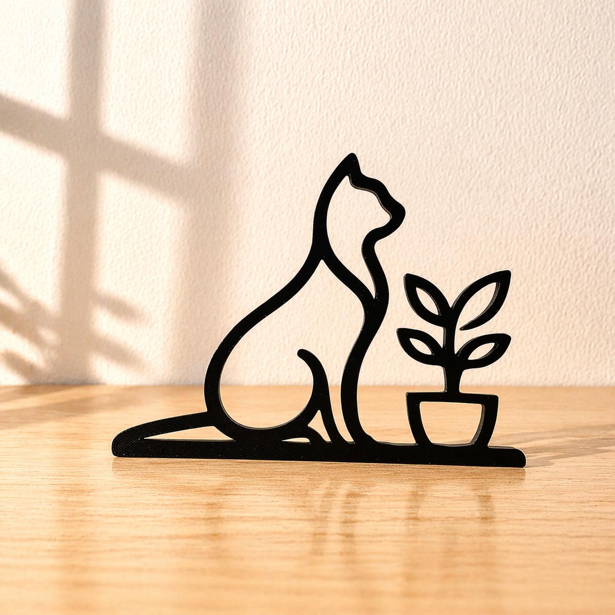 3D Printed Cat with Plant Sculpture | Minimalist Cat Art, Modern Home Decor