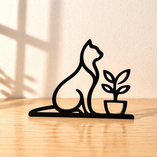 3D Printed Cat with Plant Sculpture | Minimalist Cat Art, Modern Home Decor