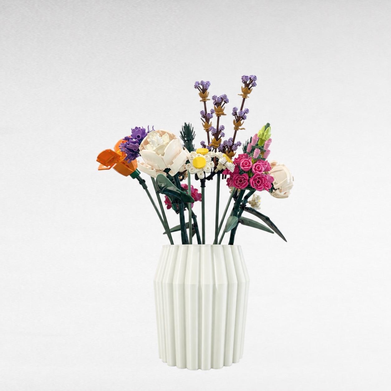 White Fluted Vase, 3D Printed Modern Decor, Building Block Flowers