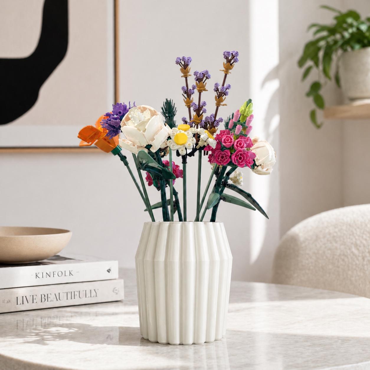White Fluted Vase, 3D Printed Modern Decor, Building Block Flowers