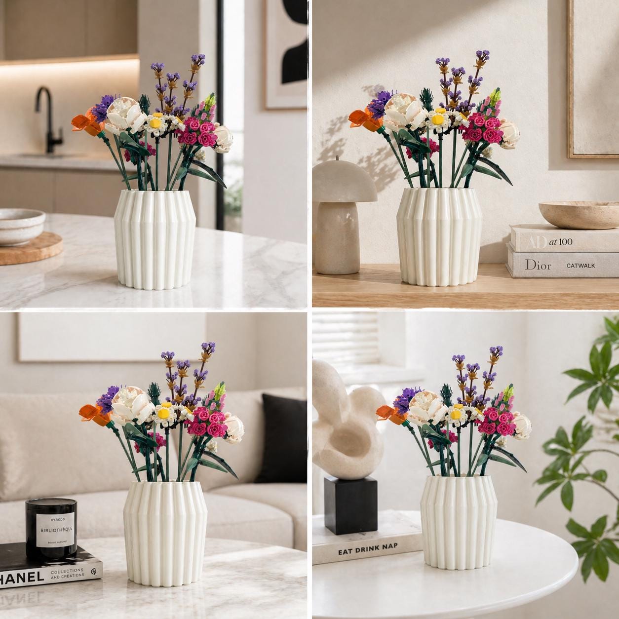 White Fluted Vase, 3D Printed Modern Decor, Building Block Flowers
