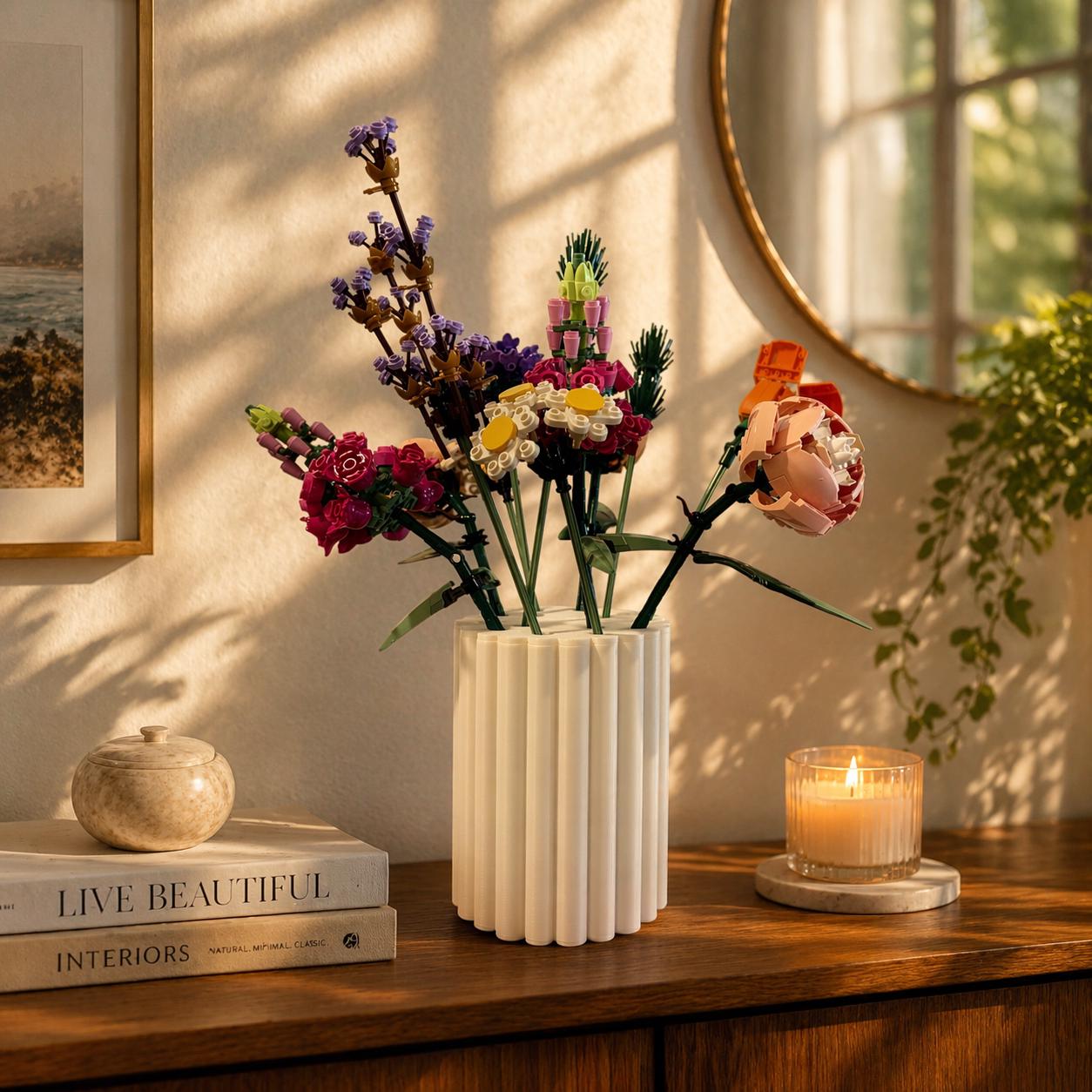 3D Printed Brick Flower Vase, Modern Ribbed Minimalist Decor, Botanical Bouquet Vase
