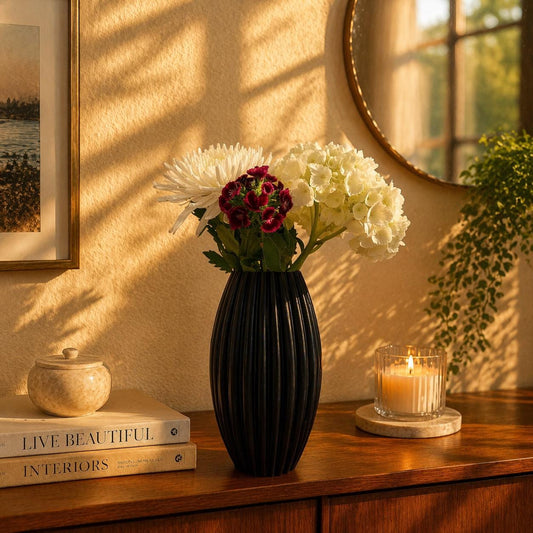 3D Printed Ribbed Black Vase | Modern Fluted Home Decor Flower Arrangement