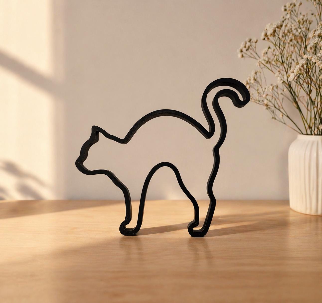 Arched Back Cat Sculpture | Minimalist Halloween Gothic Decor (3D Printed)