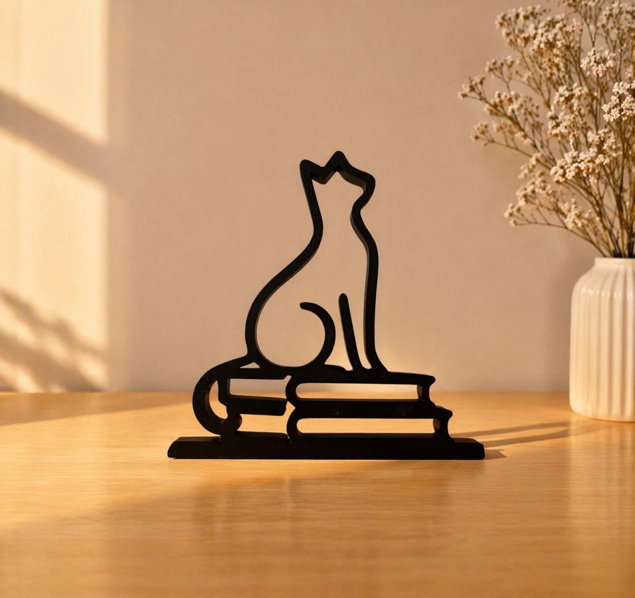 3D Printed Cat on Books Sculpture | Minimalist Literary Decor