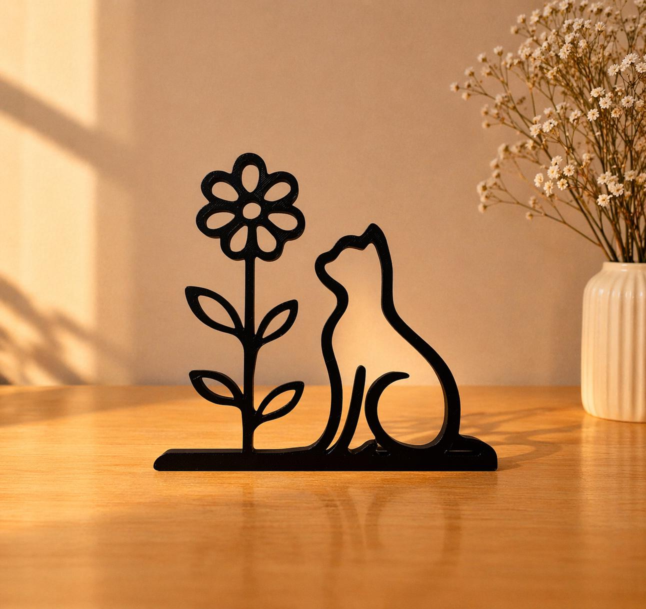 Minimalist Cat Flower Sculpture | 3D Printed PLA Decor | Cat Lover Gift