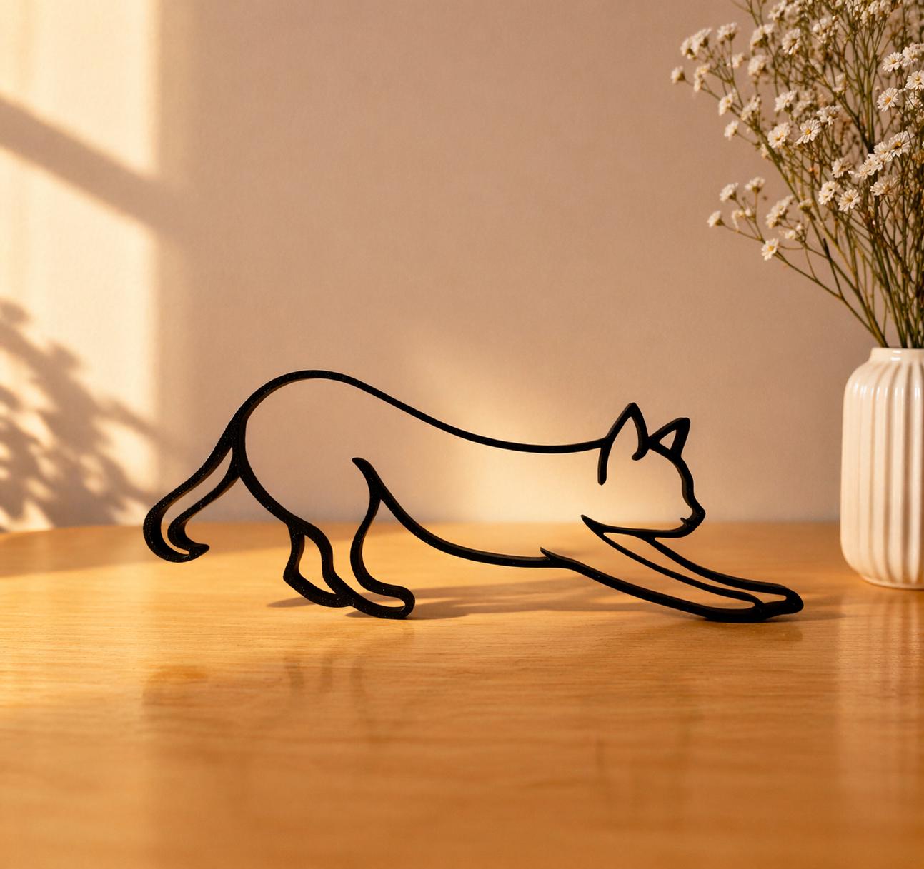 Stretching Cat Sculpture | Minimalist 3D Printed Cat Art | Black PLA Decor