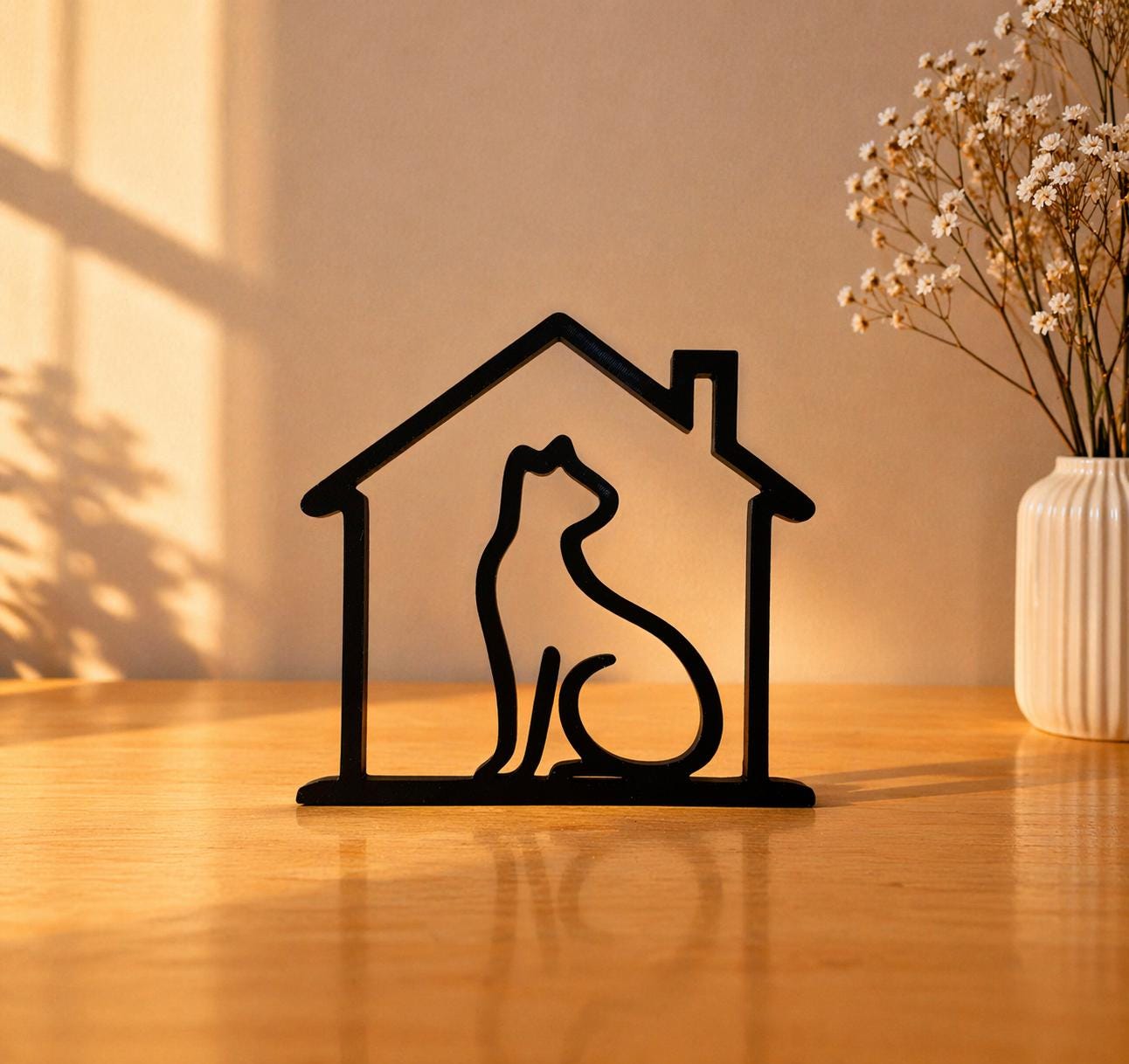 3D Printed Cat in House Sculpture | Minimalist Cat Lover Decor, Cozy Home Art