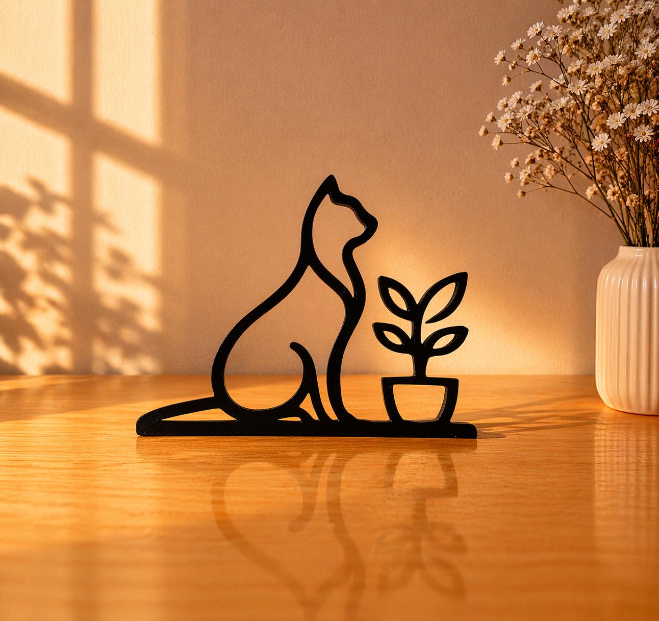 3D Printed Cat with Plant Sculpture | Minimalist Cat Art, Modern Home Decor