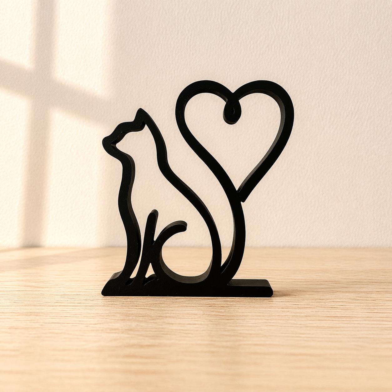 3D Printed Cat Heart Sculpture | Minimalist Love Decor, Cat Lover Gift