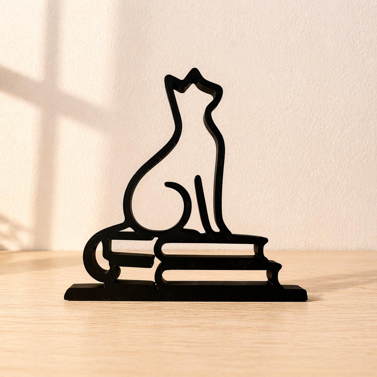 3D Printed Cat on Books Sculpture | Minimalist Literary Decor