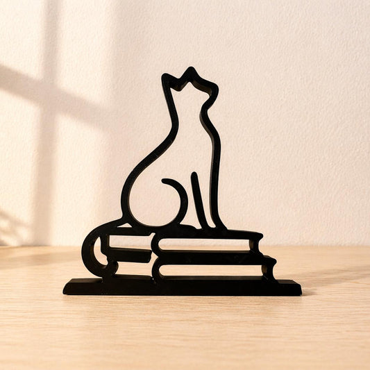 3D Printed Cat on Books Sculpture | Minimalist Literary Decor