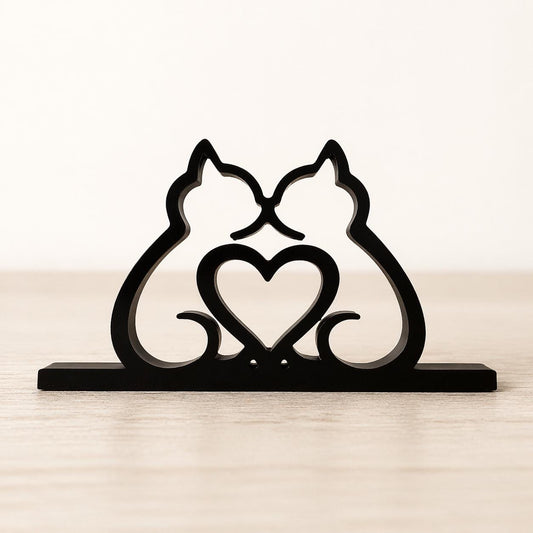 Minimalist Cat Couple Sculpture with Heart | 3D Printed Cat Art, Romantic Decor