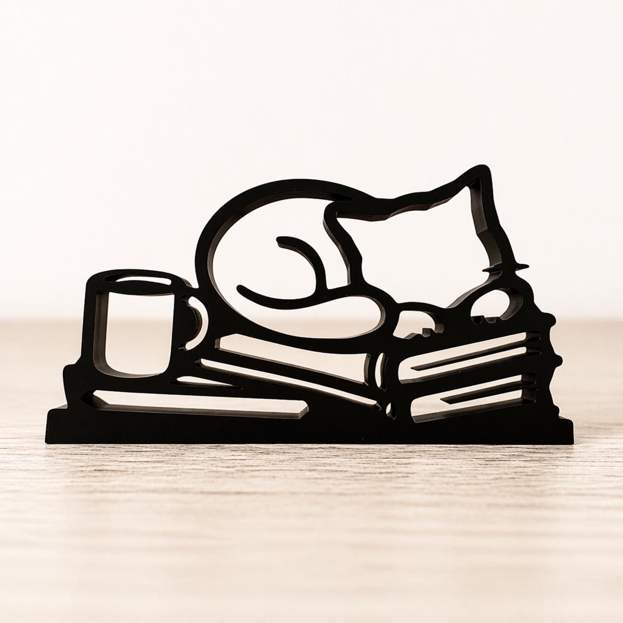 3D Printed Reading Cat Sculpture | Minimalist Book Lover Decor, Coffee Lover Gift