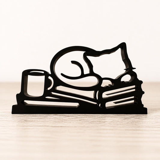 3D Printed Reading Cat Sculpture | Minimalist Book Lover Decor, Coffee Lover Gift