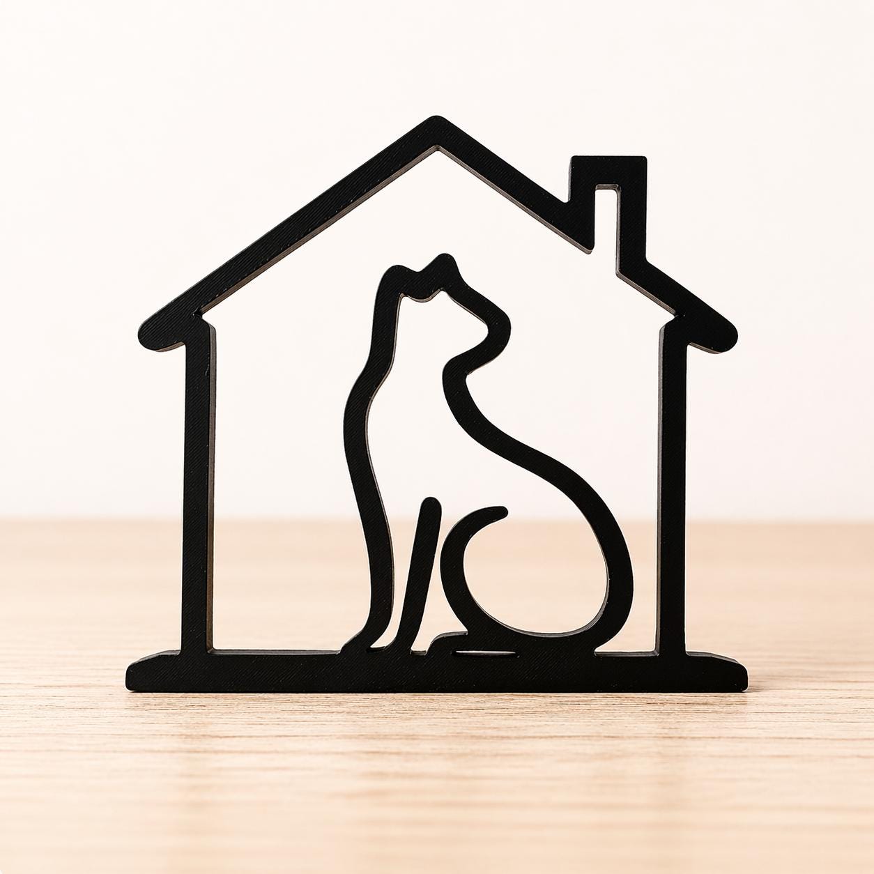 3D Printed Cat in House Sculpture | Minimalist Cat Lover Decor, Cozy Home Art
