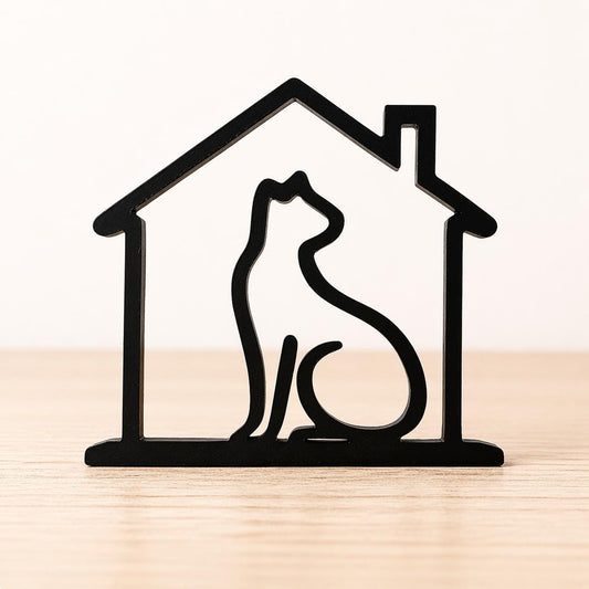 3D Printed Cat in House Sculpture | Minimalist Cat Lover Decor, Cozy Home Art