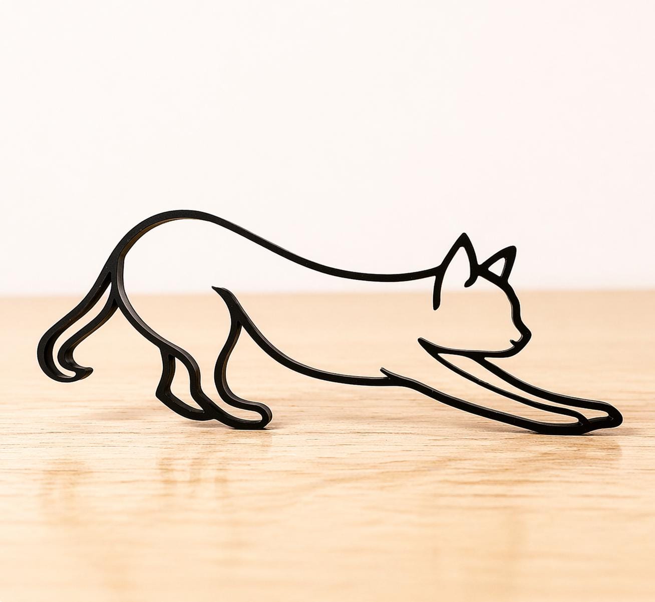 Stretching Cat Sculpture | Minimalist 3D Printed Cat Art | Black PLA Decor