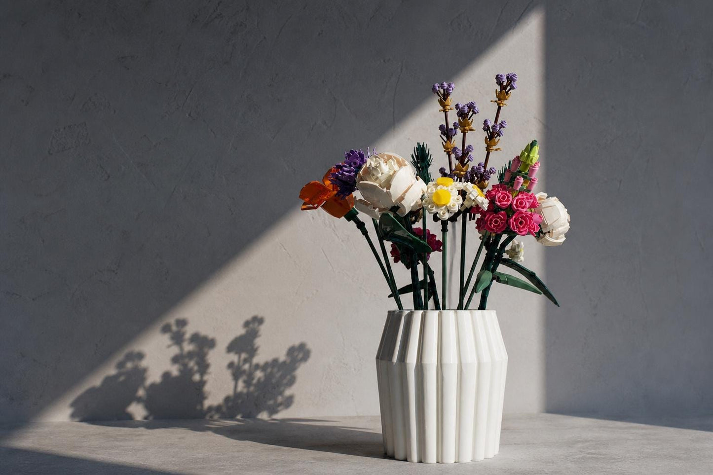 White Fluted Vase, 3D Printed Modern Decor, Building Block Flowers