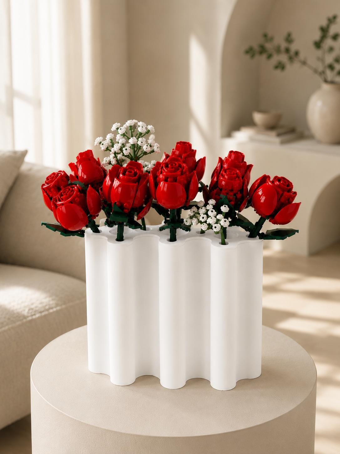 Modular 3D Printed Vase, Wavy Minimalist Display for Brick Flowers