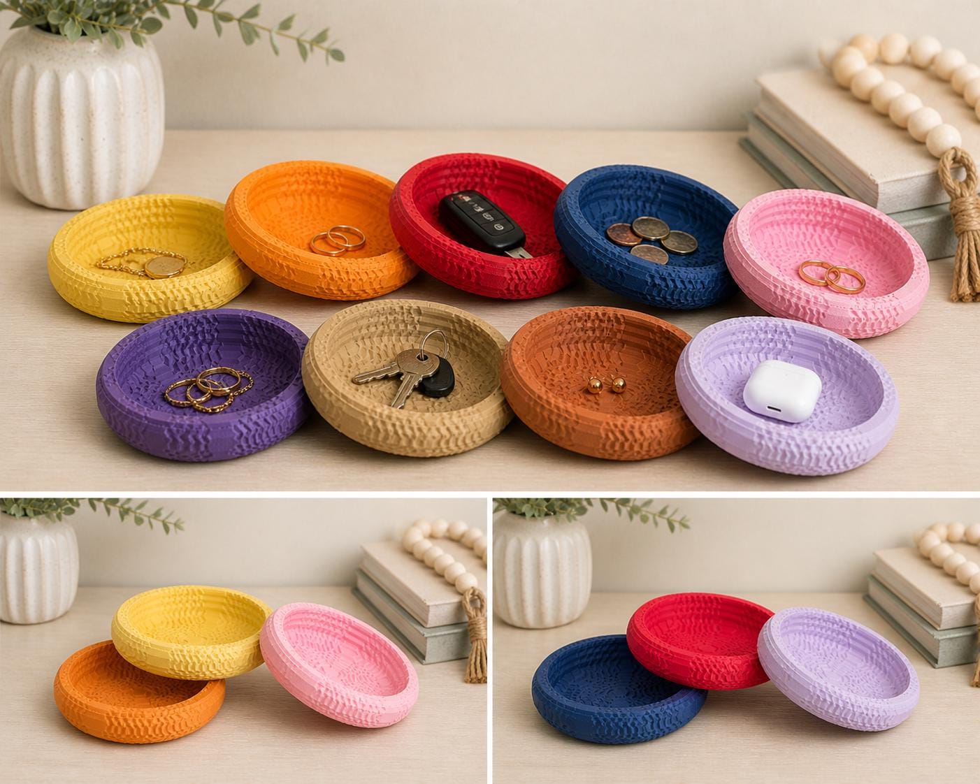3D Printed Jewelry Dish Set | Modern Textured Catchall Tray, Ring Holder, Minimalist Decor
