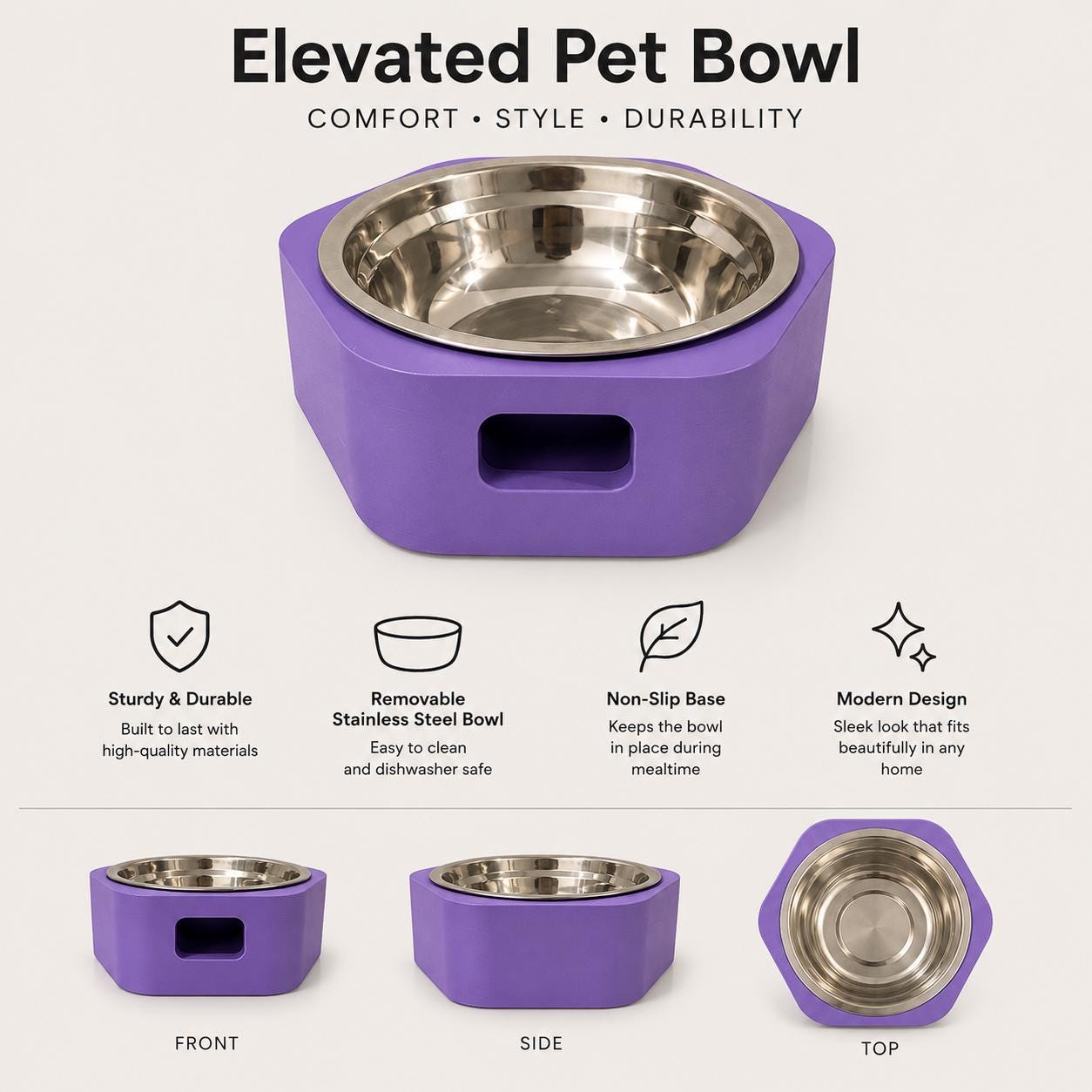 3D Printed Pet Bowl with Stand | Minimalist Dog Cat Food Dish, Elevated PLA Feeder