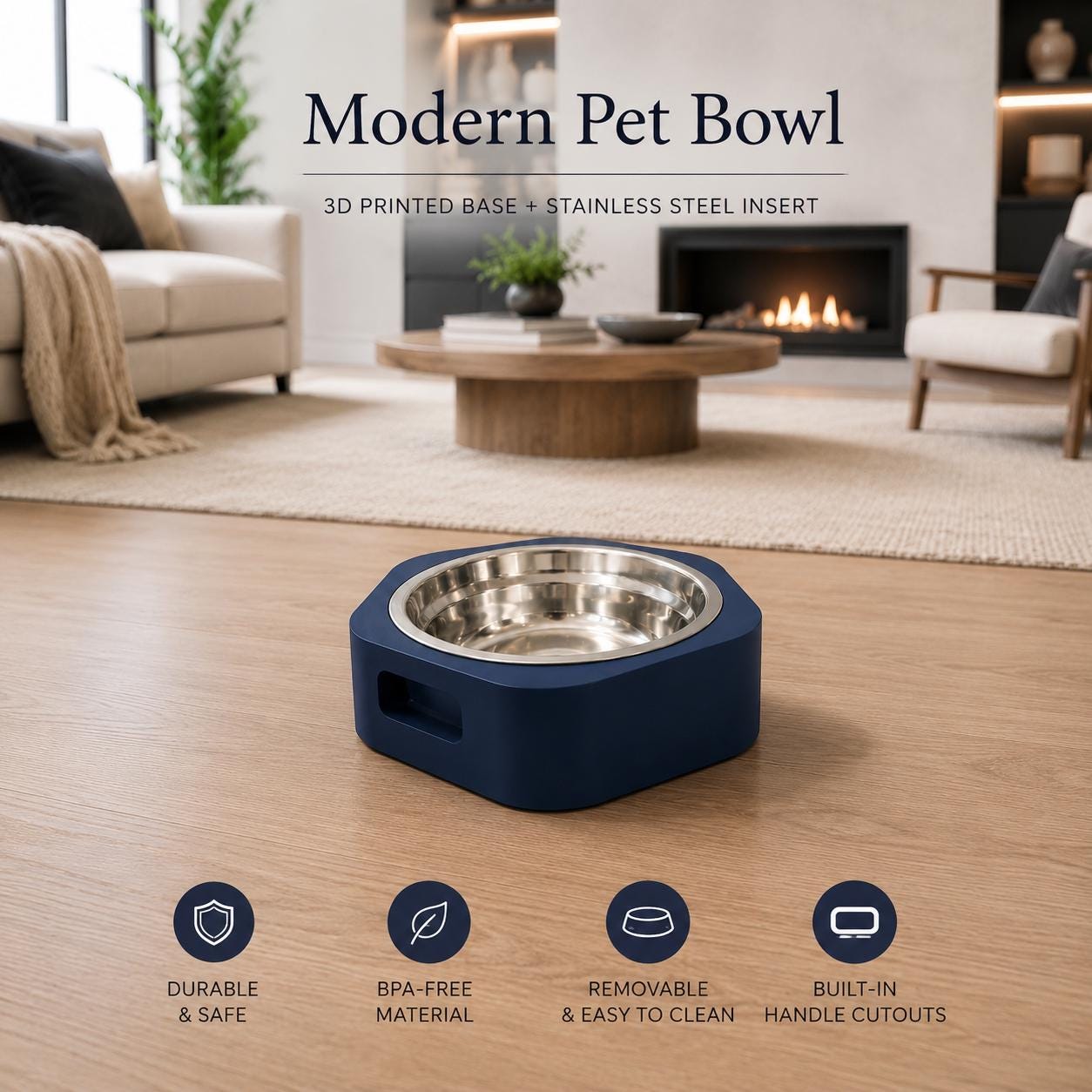 3D Printed Pet Bowl with Stand | Minimalist Dog Cat Food Dish, Elevated PLA Feeder