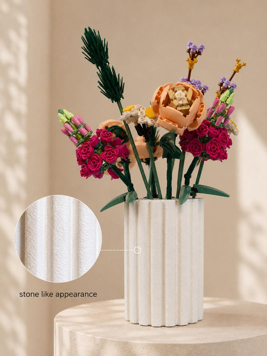 Textured Stone-Look Vase, Modern Ribbed PLA Display, Building Block Flowers