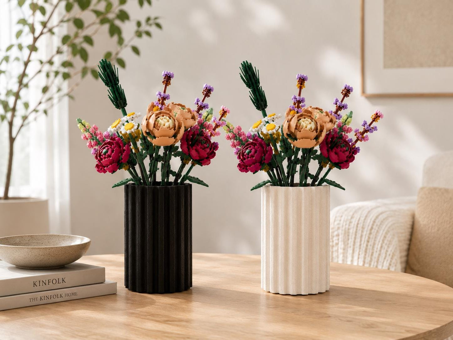 Textured Stone-Look Vase, Modern Ribbed PLA Display, Building Block Flowers