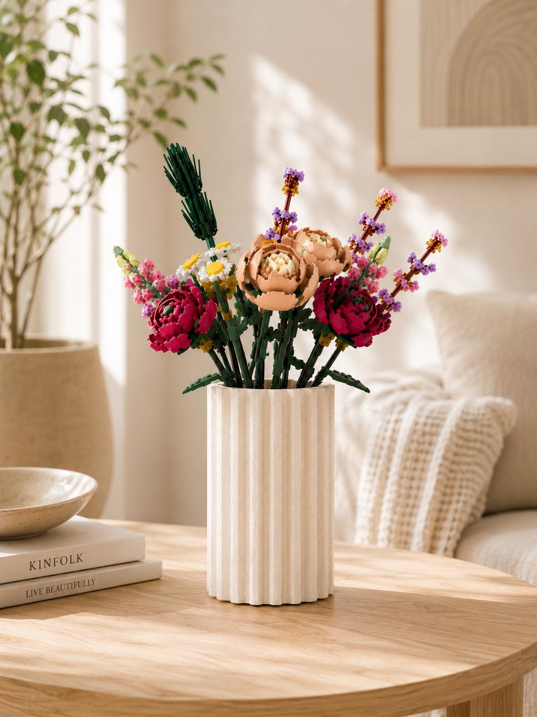 Textured Stone-Look Vase, Modern Ribbed PLA Display, Building Block Flowers