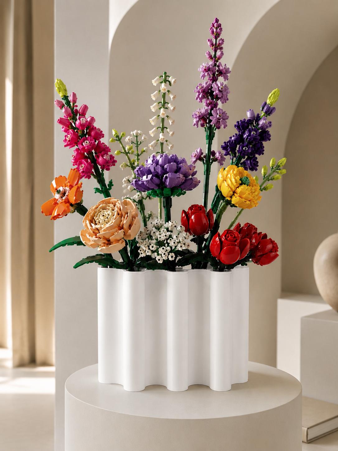 Modular 3D Printed Vase, Wavy Minimalist Display for Brick Flowers