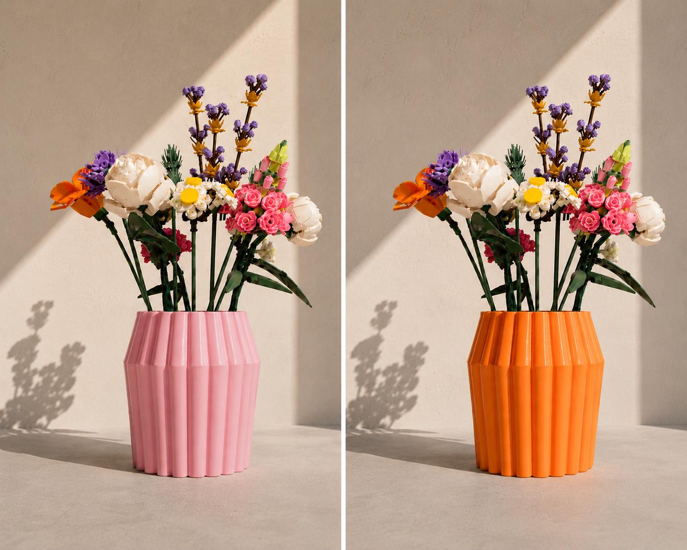 White Fluted Vase, 3D Printed Modern Decor, Building Block Flowers