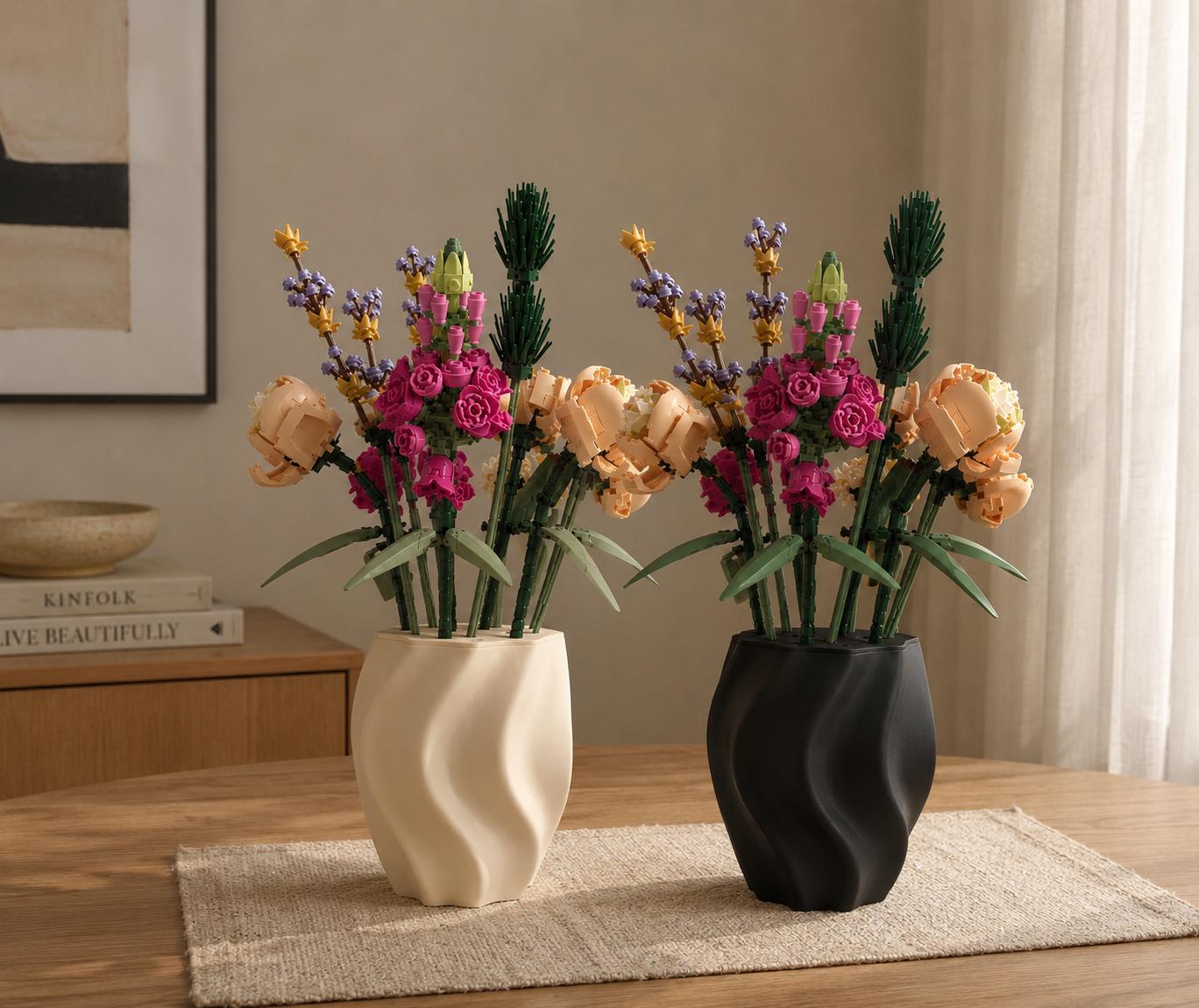 3D Printed Wavy Vase, Minimalist Japandi Decor, Building Block Flower Display